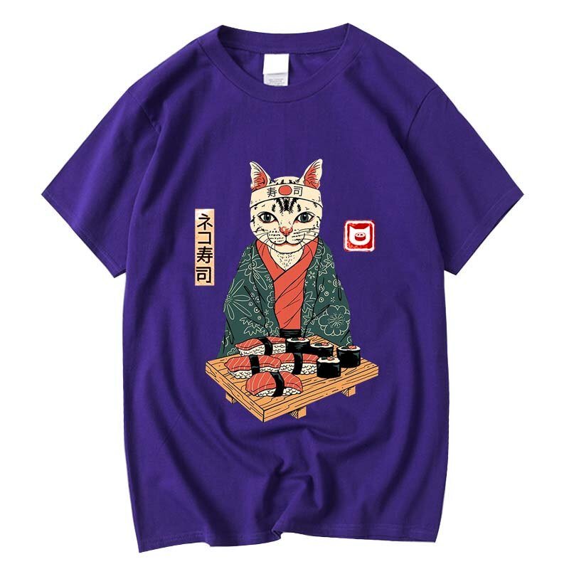 japanese theme clothing cat t shirt in purple, featuring a cat in kimono with sushi