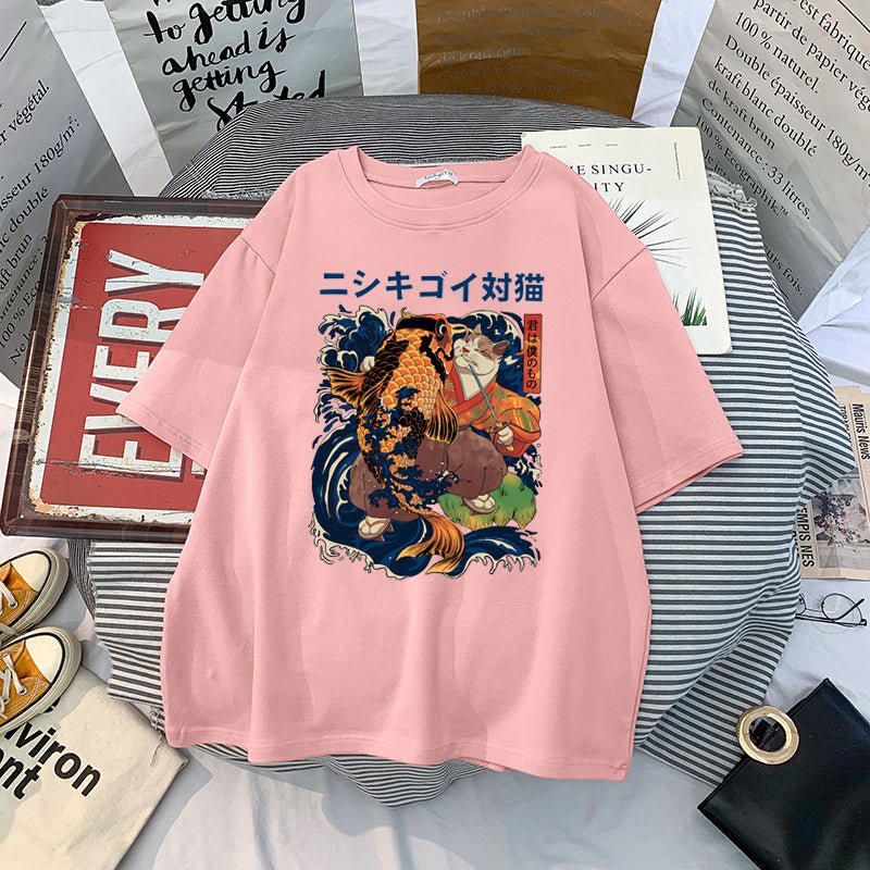 Meowgicians Kimono Cat Ocean Dance Tee A Unique Japanese Culture Cat T Shirt Pink XXL