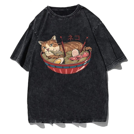 Vintage black Cat T Shirt with a ramen and cat graphic.