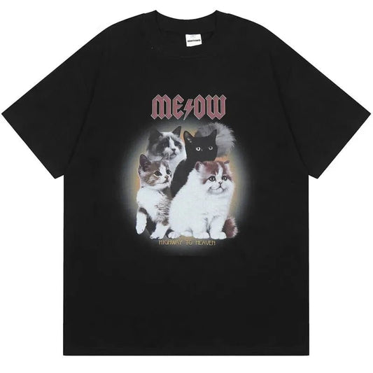 Overview of Vintage Rock Band "MEOW" Cat T-Shirt showing full design