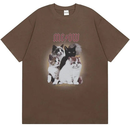 Overview of Vintage Rock Band "MEOW" Cat T-Shirt showing full design in brown variants