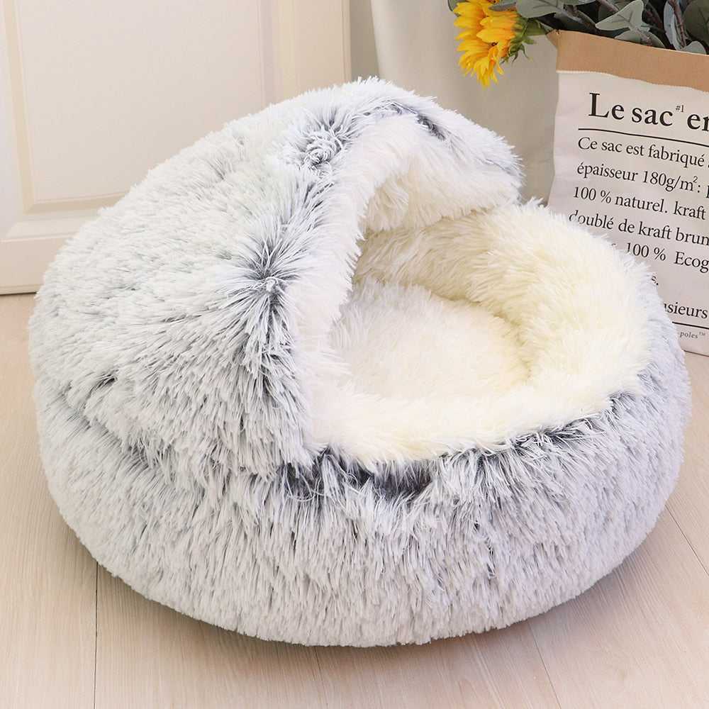 grey color cat bed with half enclosed space that is comfortable and warm