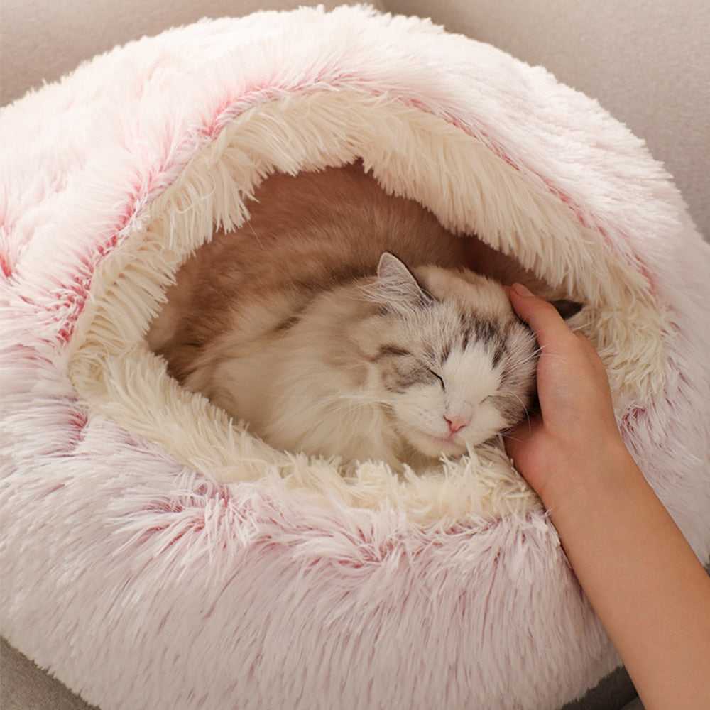 princess style cat bed with semi enclosed design made from warm fleece