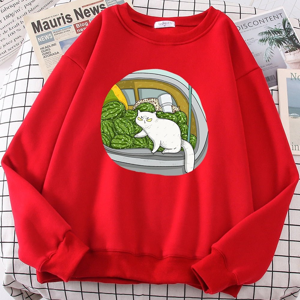 a red color cat lover sweatshirt with picture of cat and watermelons