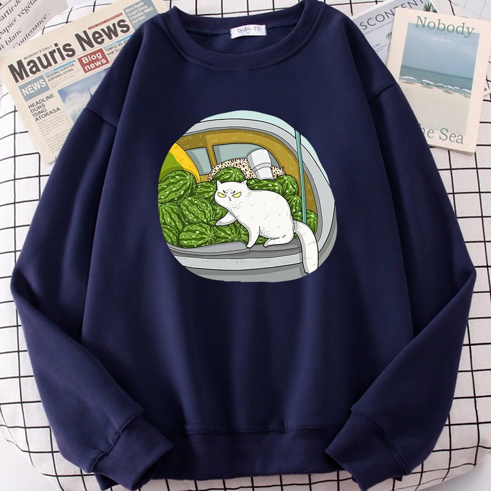 a navy blue sweatshirt with cat and watermelons