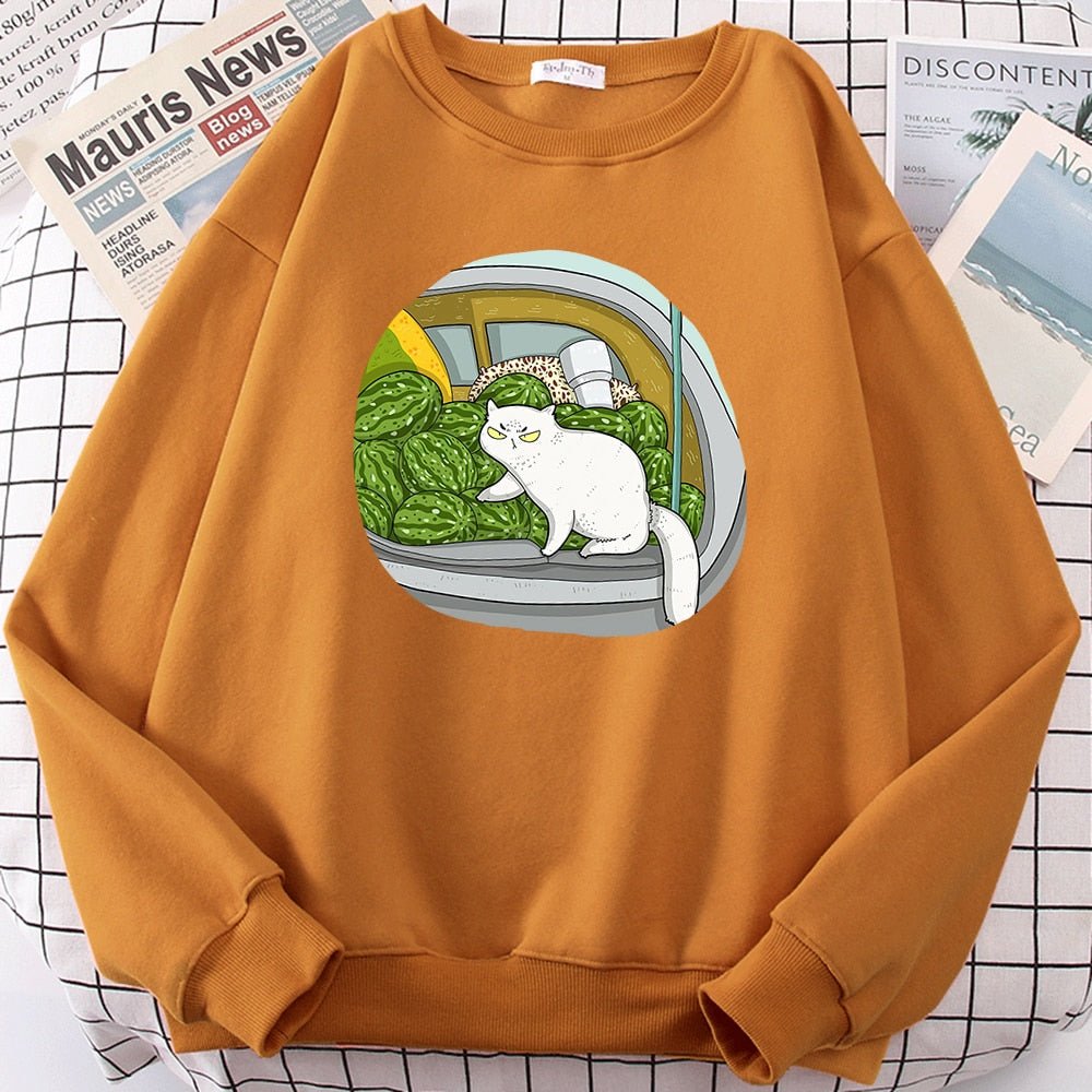 an khaki color sweatshirts with cats on them with picture of cat and watermelons