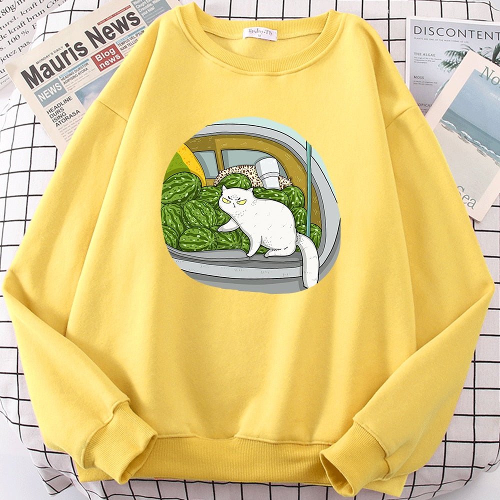 a yellow color cute cat sweatshirt with picture of cat and watermelons