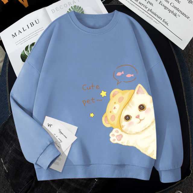 Blue color adorable cat sweatshirt hoodie