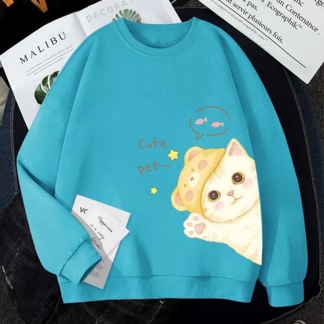 Ocean blue color adorable cat sweatshirt hoodie