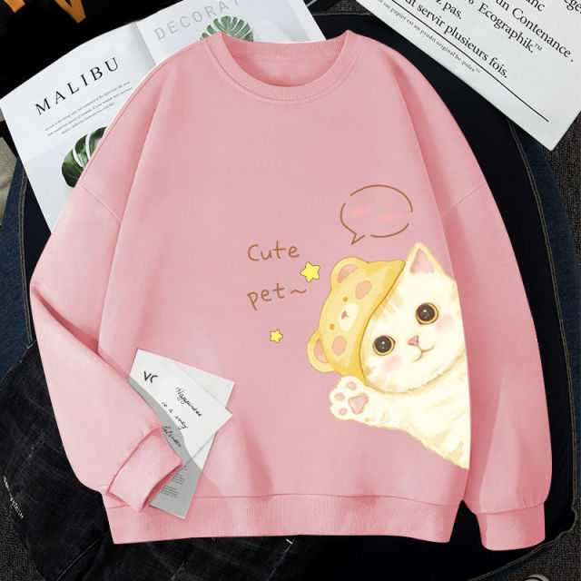 Pink color adorable cat sweatshirt hoodie