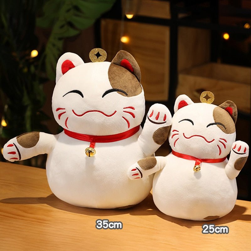 a kawaii plush of a lucky cat that comes in various sizes