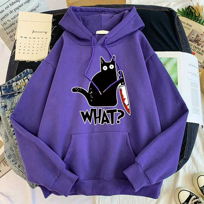 purple color cool cat themed hoodie featuring a scared cartoon black cat holding a knife and saying "what?!" and looks really funny