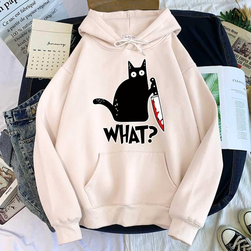 "What" hilarious cat themed hoodie in beige color featuring a black cat