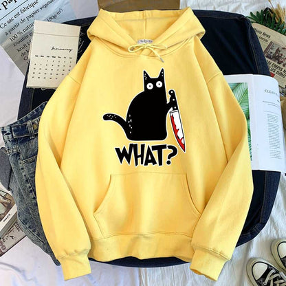 a yellow color funny cat hoodie printed with a scared black cartoon cat  with a knife and quoted "what?!"