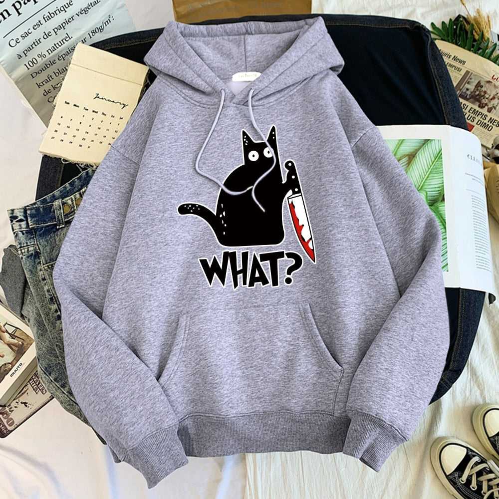 gray color mens hoodie printed with a funny black cartoon cat