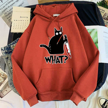 brick red color mens cat inspired hoodie featuring a funny black cartoon cat holding a knife and saying "what" and looking nervous