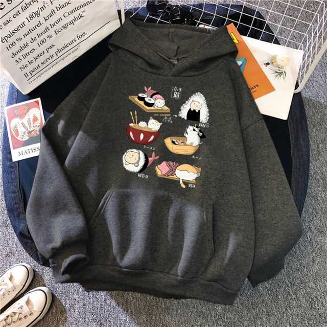 dark grey hoodie for cat lovers featuring six cute cats inside a sushi roll