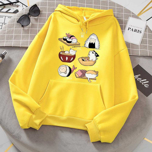 yellow color womens cat hoodie featuring 6 cats disguised in a sushi that looks cute and adorable