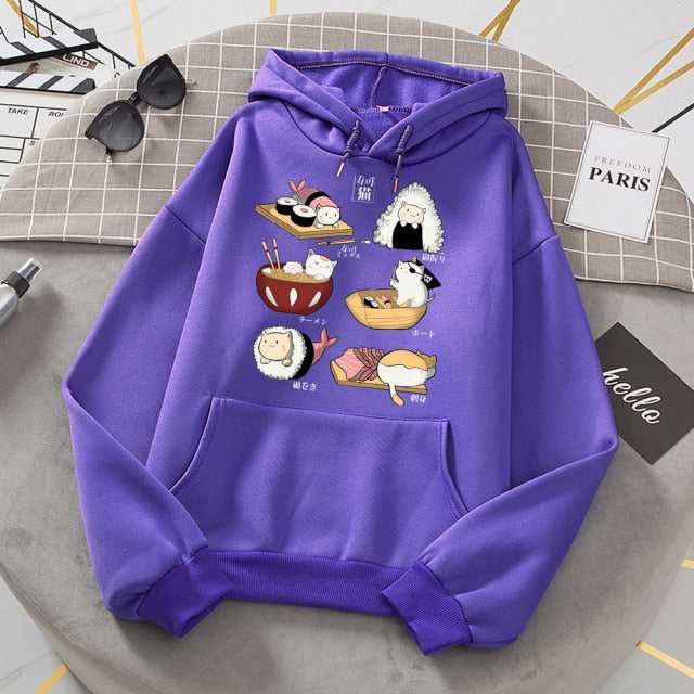 purple color hoodie that looks kawaii with printed cats and sushi pictures on it