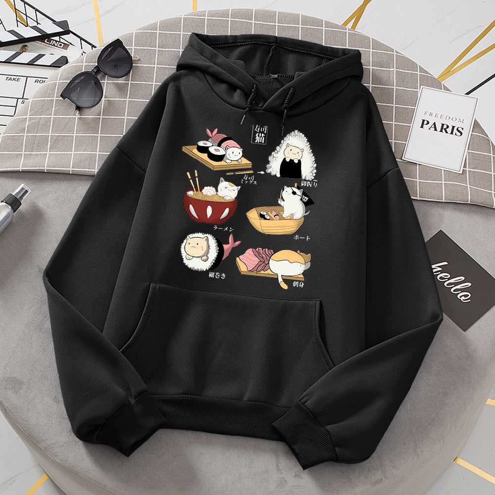 black color hoodie made from cotton for cat lovers with six cute pictures of cats in a sushi