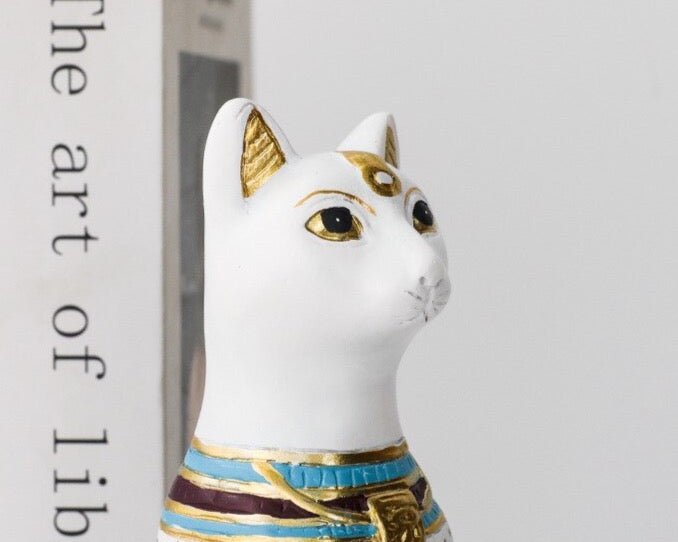 White Egyptian style cat sculpture pair for bookshelf