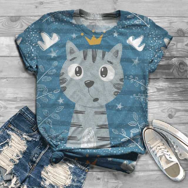 Meowgicians Lovely Cartoon Cat T Shirts for Women Soft Touch Tee for Cat Lovers The Cat Queen 4XL Green Orange Blue