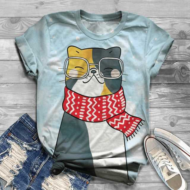 ORANDESIGNE T-Shirt Donna Con Stampa Gatto Cartoon - Top Casual Maniche Lunghe Girocollo