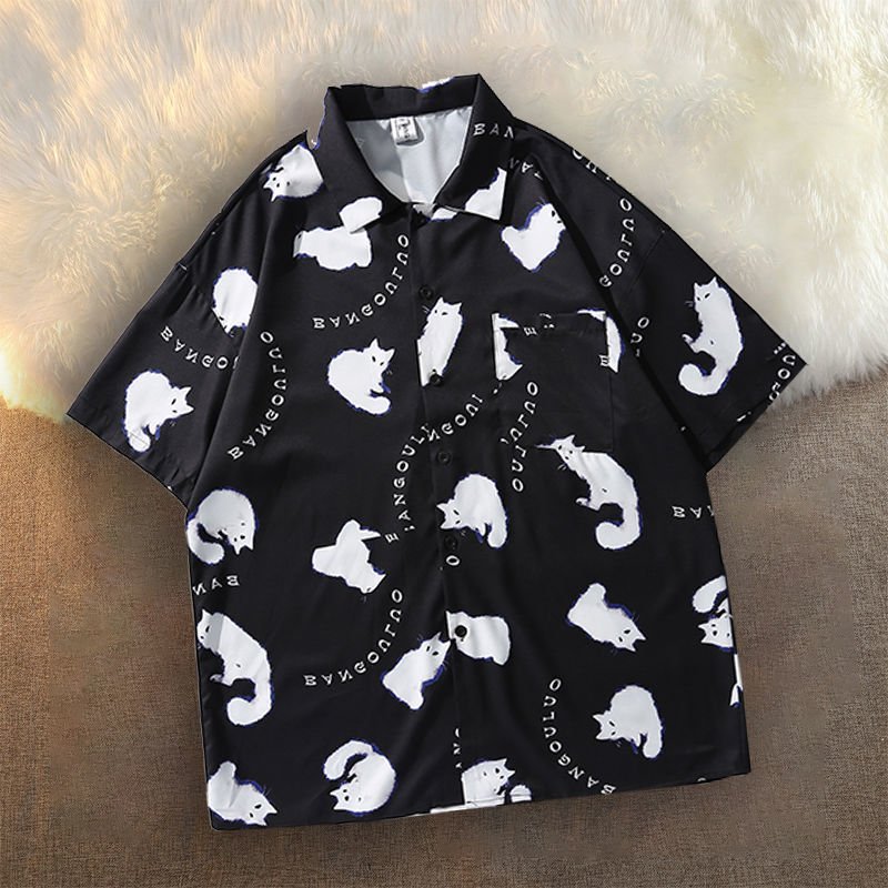 Women's black cat graphic hawaiian shirt