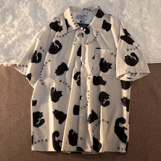 Women's black cat graphic hawaiian shirt