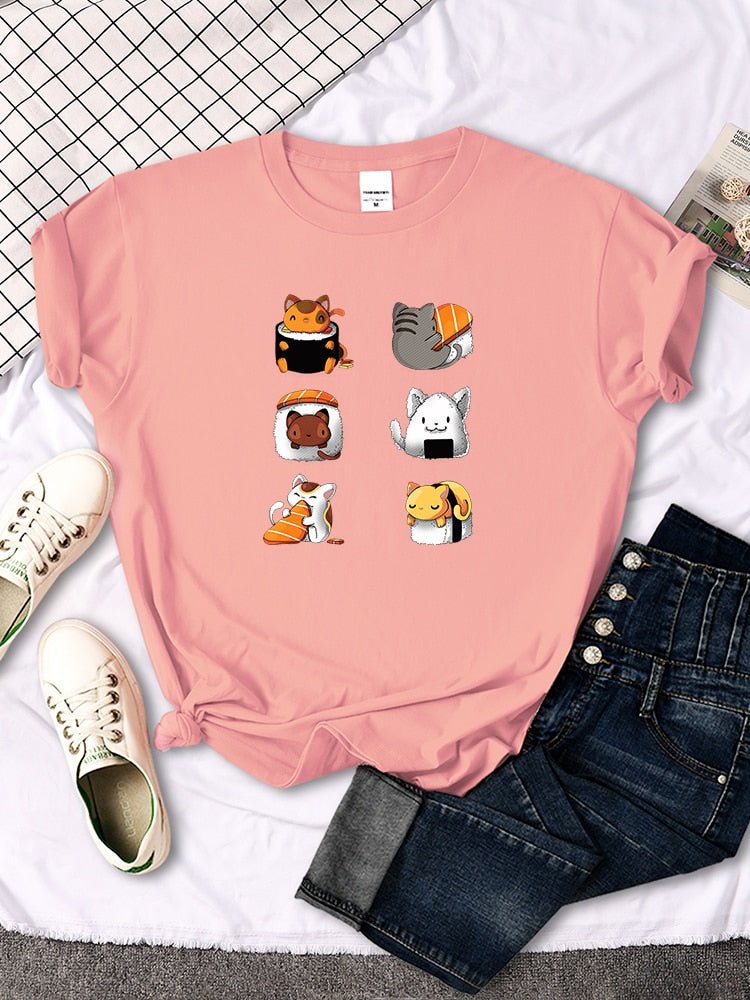 Charming cat t-shirt for women, featuring cats disguised as sushi, and perfect for casual wear