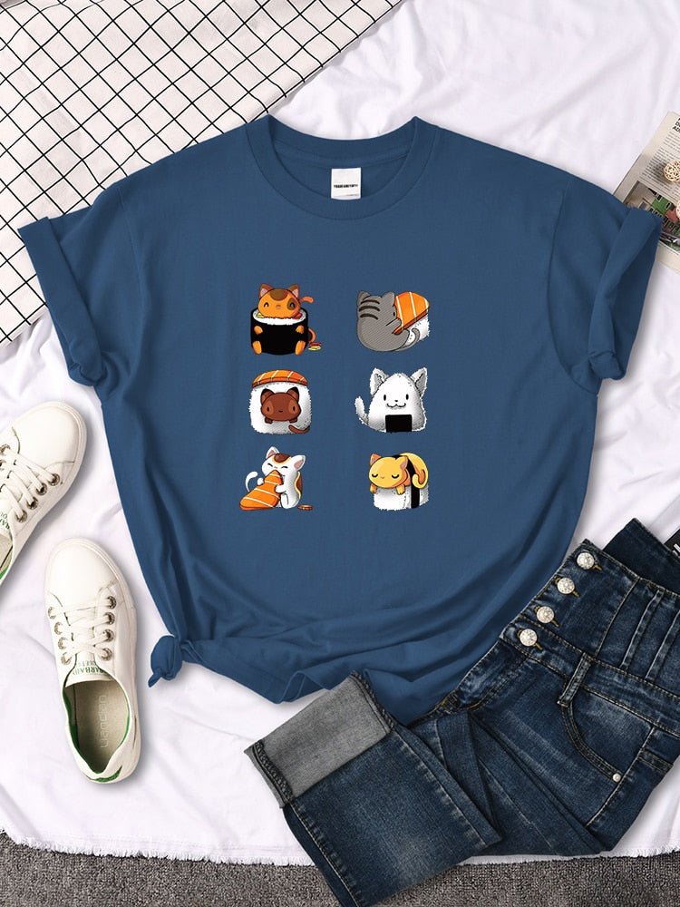 a blue color cool cat shirt with sushi and cats design for everyday wear
