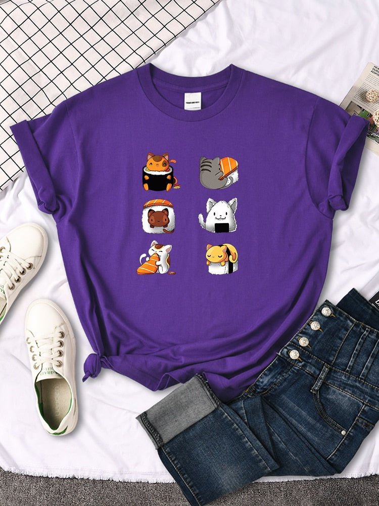 a purple color women's cat shirt with 6 cats and sushi designs for casual wear