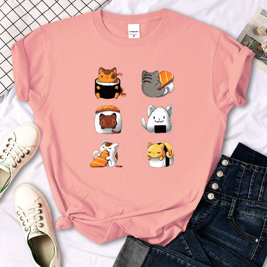 Women's sushi cat shirt with six designs of cats disguised as sushi for cats and sushi lover