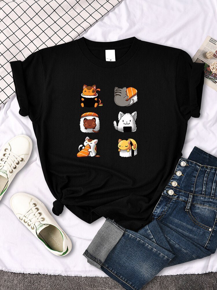 a black cool cat shirts for women who wants to look stylish, featuring cats and sushi design