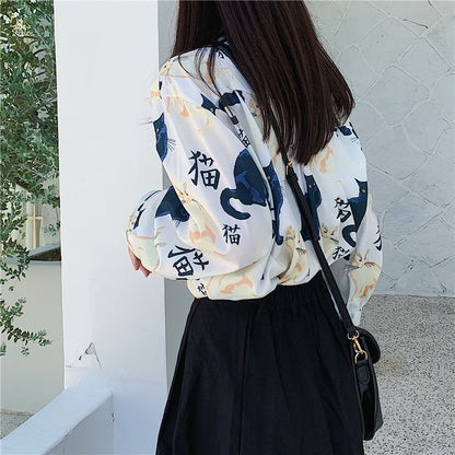 Women's Japanese Cat Blouse With Kanji Character