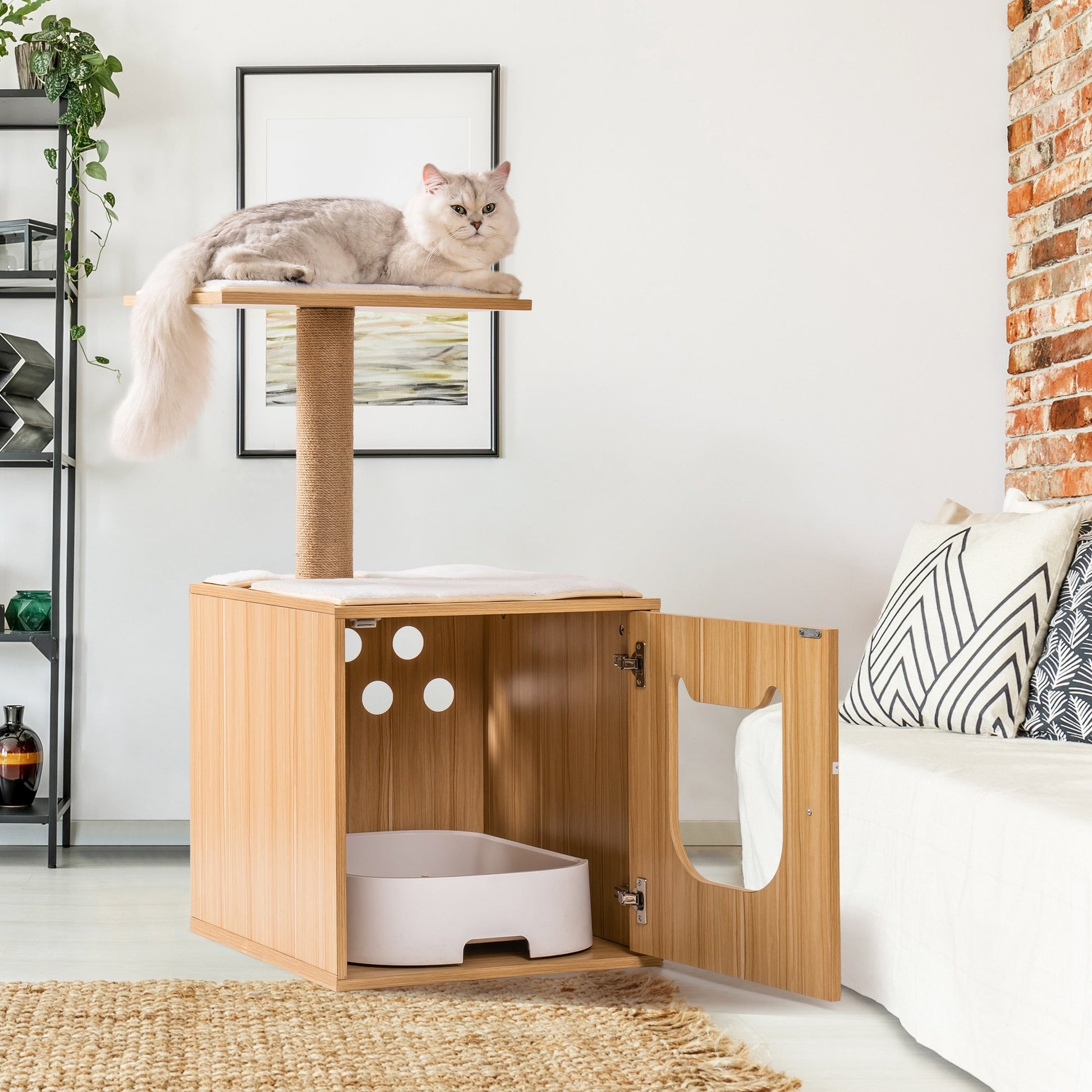 Full view of wooden cat tree with a single platform and enclosed space that is able to fit a cat litter box