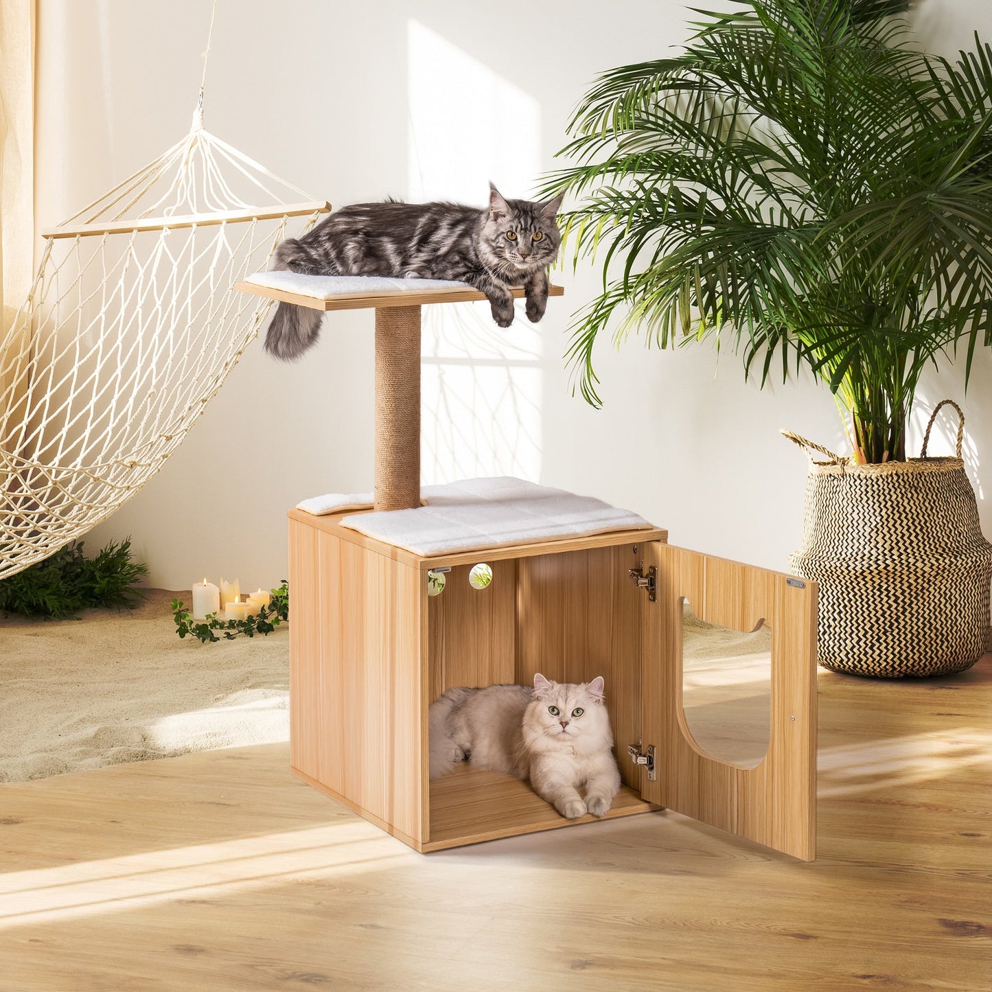 Natural colored solid wood texture of cat tree with enclosed space for sleeping or to put litter box