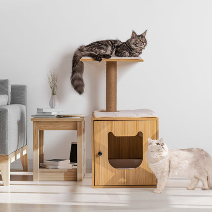Wooden cat tree placed in a room as a piece of furniture for cats