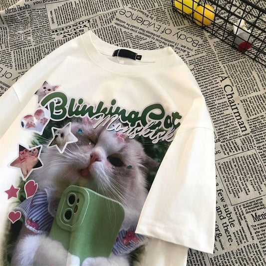 White Y2K style t-shirt with cute blinking cat design