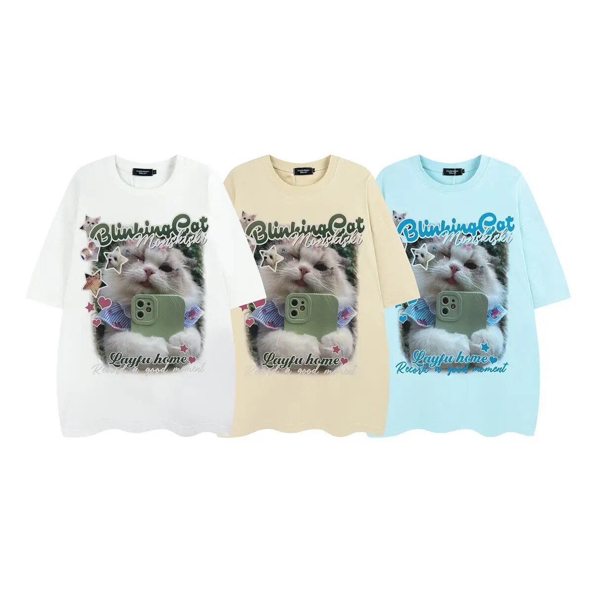 Nostalgic Y2K design t-shirt in white, blue, and apricot