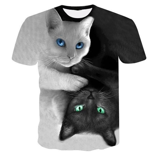 a stylish t-shirt for men with cat faces. this t shirt featuring black and white cat: a symbol of yin yang
