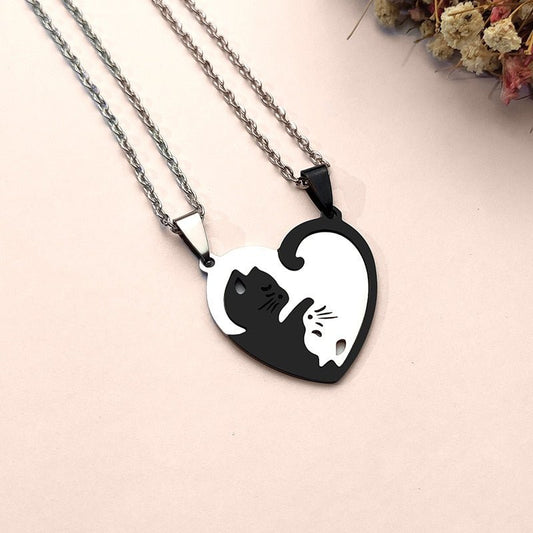 Ying yang black and white cat love necklace