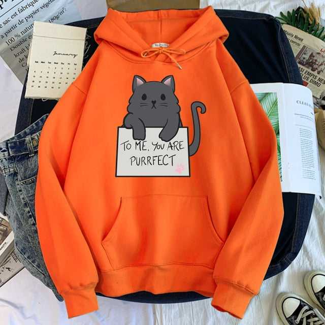orange color hoodie made for cat moms with a picture of a cute grey cat holding a signage of a compliment