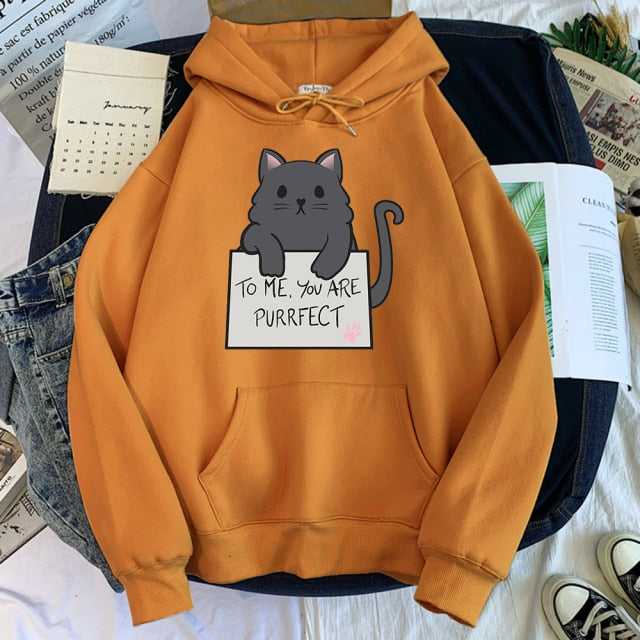 khaki color hoodie for female with a picture of a grey cartoon cat