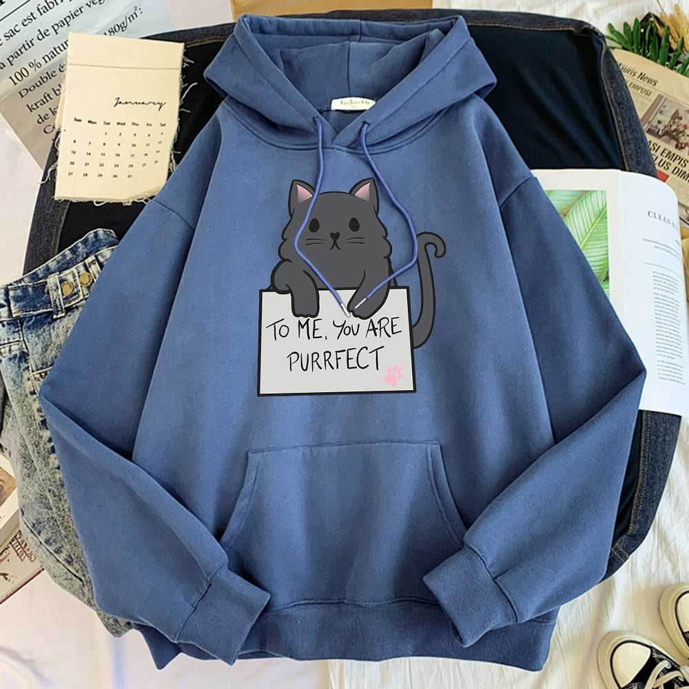 haze blue hoodie made for cat dads featuring a cat with a sign with the message of people are purrfect