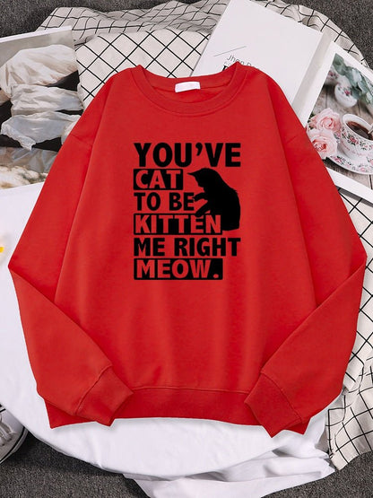 a red color cat print sweater with funny cat quotes