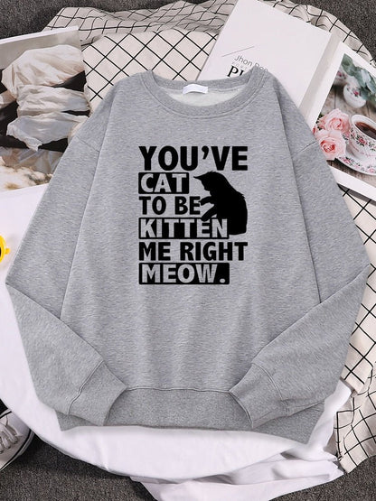 a grey color cute cat sweatshirt with funny cat pun